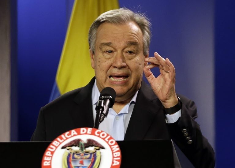 Jan. 13, 2018 file photo, U.N. Secretary-General Antonio Guterres talks to the media during a join declaration with the Colombian president, in Bogota, Colombia. (Fernando Vergara/AP Photo)
