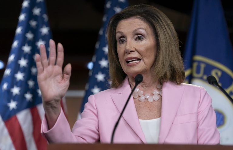 Speaker of the House Nancy Pelosi, D-Calif., meets with reporters just after the House Judiciary Committee approved guidelines for impeachment hearings on President Donald Trump, at the Capitol in Washington, Thursday, Sept. 12, 2019. (AP Photo/J. Scott Applewhite)