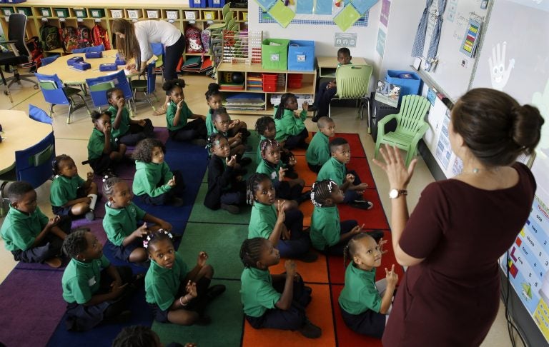 A kindergarten teacher and her students at KIPP Thrive Academy, are pictured in this file photo, Wednesday, Sept. 9, 2015, in Newark, N.J. (Mel Evans/AP Photo)