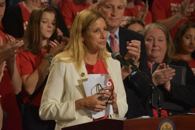 State Rep. Melissa Shusterman, D-Chester, speaks in support of extreme risk protection orders during a rally in the Pennsylvania Capitol on Sept. 17, 2019. (Ed Mahon/PA Post)