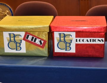 The Pennsylvania Gaming Control Board received no bids for the right to a sixth mini-casino license. Bid and location boxes are seen before the start of the board's meeting on Sept. 4, 2019, in Harrisburg. (Ed Mahon/PA Post)