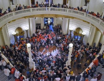 Ralliers at the state Capitol often fill the rotunda floor and line its stairs and balconies. In this photo, hundreds of demonstrators gathered for an annual Second Amendment rally. (Ed Mahon/PA Post)