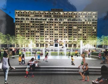 A rendering shows a lighted fountain feature that will be part of the upgrades installed at Wilmington’s Rodney Square. (Mark Eichmann/WHYY)