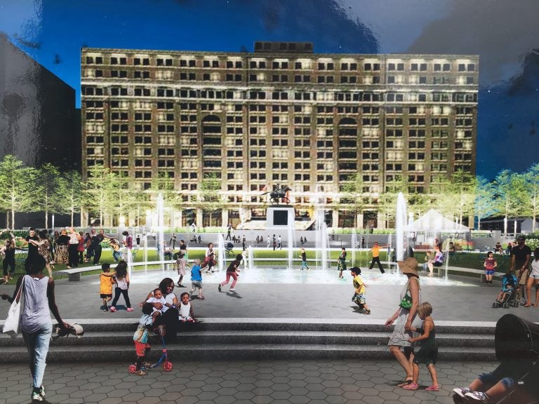 A rendering shows a lighted fountain feature that will be part of the upgrades installed at Wilmington’s Rodney Square. (Mark Eichmann/WHYY)