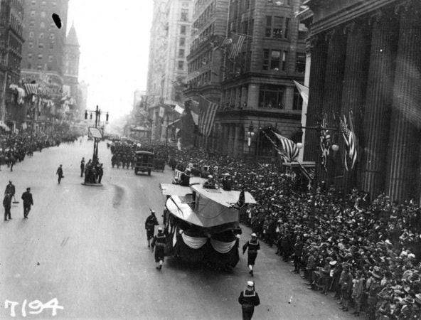 A Naval Aircraft Factory float heads south on Broad Street in Philadelphia