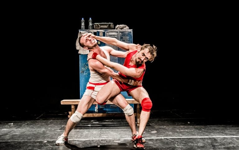 Alfonso Barón (left) and Luciano Rosso in 'Un Poyo Rojo,' a dance lampooning male competition and an entry in this year's Philadelphia Fringe Festival. (Courtesy of Paola Evelina)