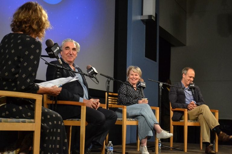 Marty Moss-Coane talking with Downton Abbey film actors Jim Carter, Imelda Staunton, Kevin Doyle on Wednesday, September 18th, for a Radio Times WHYY member  event. (photo/Tristan Hoban