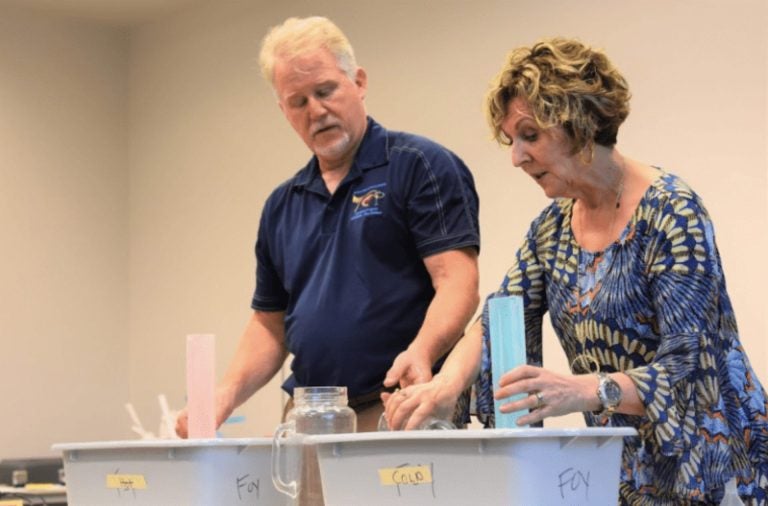 Science teacher Leigh Foy (right) couldn’t find climate education materials so she and her husband, chemistry professor Greg Foy (left) designed their own.  (Provided)
