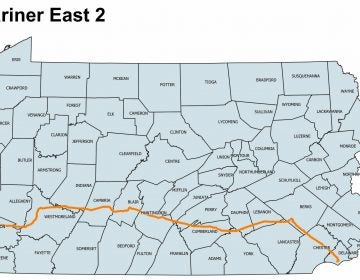 The map shows the Mariner East 2 pipeline’s path across 17 Pennsylvania counties on its way to the Marcus Hook industrial complex in Delaware County, where the natural gas liquids it carries will be shipped overseas to make plastics. The map was built using state Department of Environmental Protection shapefiles of the route for which DEP issued permits. The line extends west into Ohio. (Scott Blanchard/StateImpact Pennsylvania)