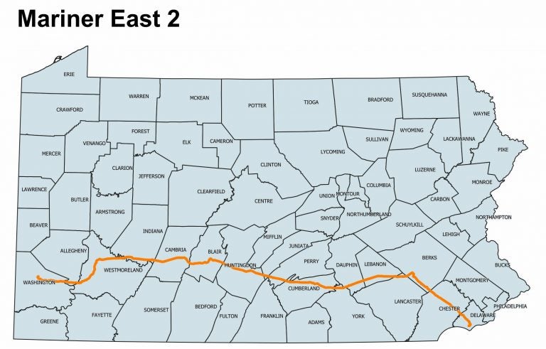 The map shows the Mariner East 2 pipeline’s path across 17 Pennsylvania counties on its way to the Marcus Hook industrial complex in Delaware County, where the natural gas liquids it carries will be shipped overseas to make plastics. The map was built using state Department of Environmental Protection shapefiles of the route for which DEP issued permits. The line extends west into Ohio. (Scott Blanchard/StateImpact Pennsylvania)