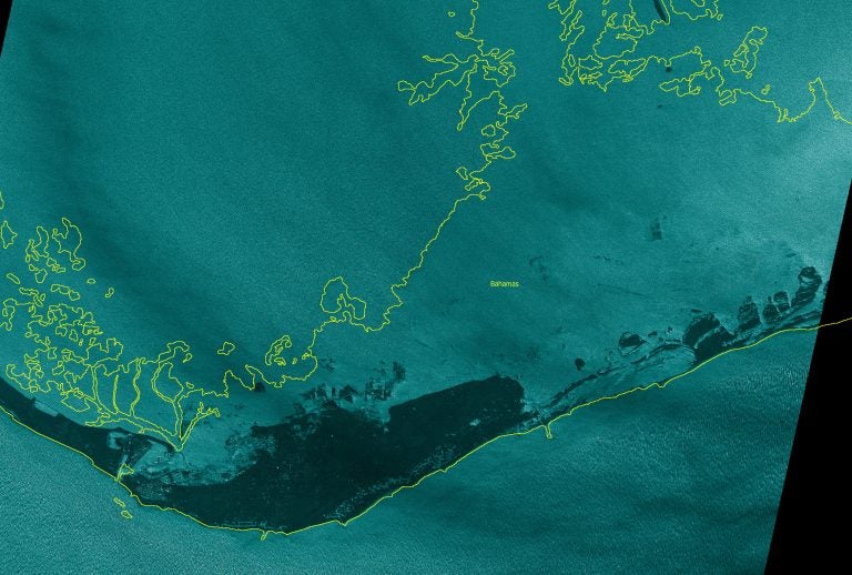 Images show Grand Bahama Island before and during Hurricane Dorian. The “before” image was taken April 19. The “during” image was taken Monday and uses radar to penetrate the cloud cover. Areas that are not flooded appear nearly black.

Source: Copernicus Sentinel data 2019 (accessed via Planet Labs Inc), ICEYE