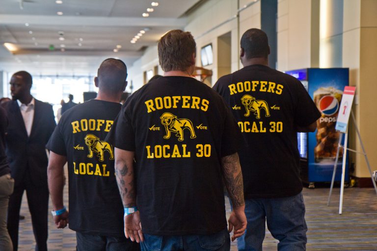 Members of the Roofers Local 130 attend the Worker’s Presidential Summit. (Kimberly Paynter/WHYY)