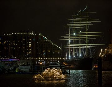 Stephen Talasnik's Endurance sits illuminated in the Delaware River boat basin ready for the opening of the FLOW exhibition. FLOW is a sculpture exhibit on the Delaware River in partnership with Philadelphia Sculptors and the Independence Seaport Museum. (Emily Cohen for WHYY)