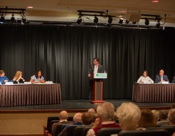 Six candidates for Delaware County Council debate at Maris Grove retirement community in Glen Mills which has more than 1,000 residents, nearly all of them registered to vote. The new candidates are running for three open seats on the council. (Emily Cohen for WHYY)