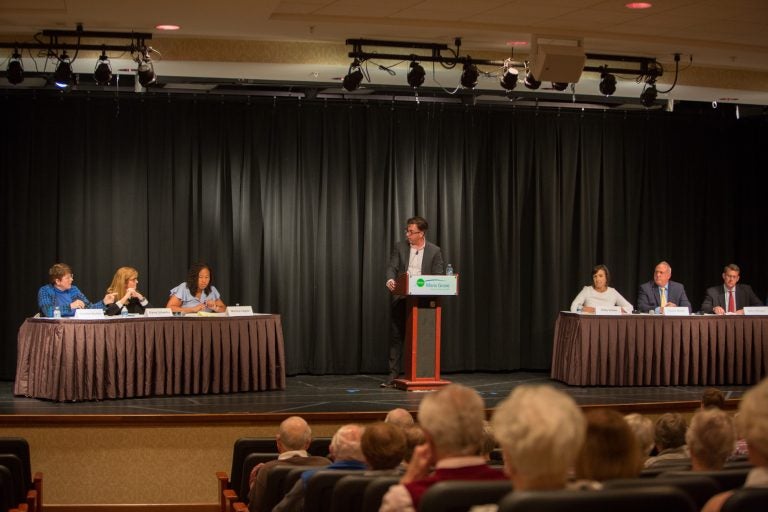 Six candidates for Delaware County Council debate at Maris Grove retirement community in Glen Mills which has more than 1,000 residents, nearly all of them registered to vote. The new candidates are running for three open seats on the council. (Emily Cohen for WHYY)