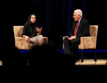 Safa Al Ahmad speaks with UD's Ralph Begleiter on Wednesday night. (Saquan Stimpson for WHYY)