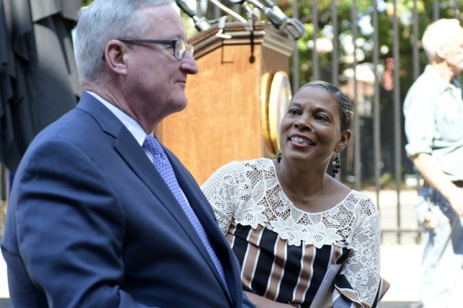 Mayor Jim Kenney and the city's Chief Cultural Officer Kelly Lee at the unveiling of a historical marker for the Mother Bethel AME Burying Ground. (Bastiaan Slabbers for WHYY)
