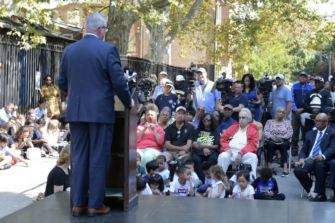 Mayor Jim Kenney speaks at the unveiling of a historical marker for the Mother Bethel AME Burying Grounds. (Bastiaan Slabbers for WHYY)