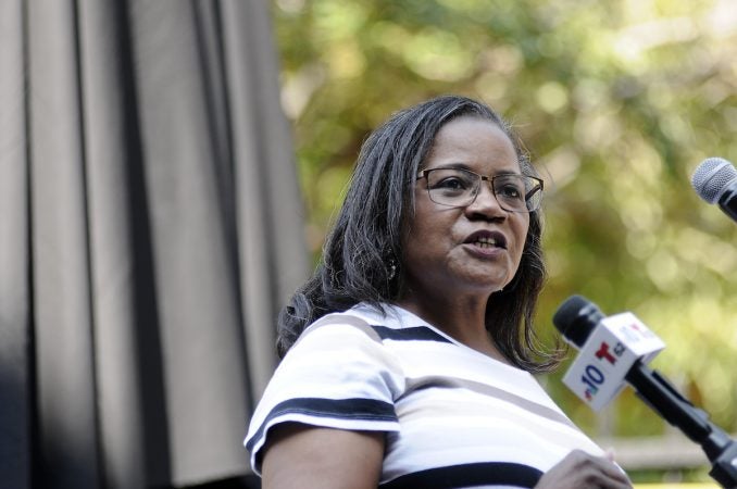 Ophelia Chambliss of the Pennsylvania Historical Museum Commission speaks ahead of the unveiling of a historical marker at the Mother Bethel AME Burying Ground in Queen Village. (Bastiaan Slabbers for WHYY)