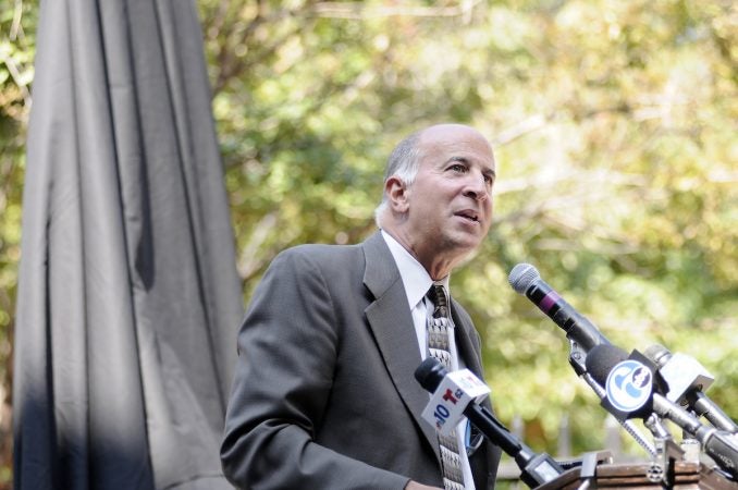 Councilmember Mark Squilla speaks ahead of the unveiling of a state historical marker at the Mother Bethel AME Burying Ground, in Queen Village, on Tuesday. (Bastiaan Slabbers for WHYY)