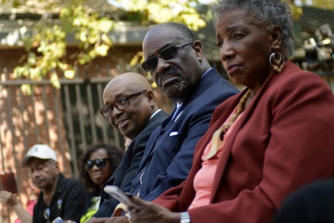 An official Pennsylvania historical marker is unveiled at the Bethel Burying Ground, located under the site of Weccacoe Playground, in Queen Village, on Tuesday. (Bastiaan Slabbers for WHYY)