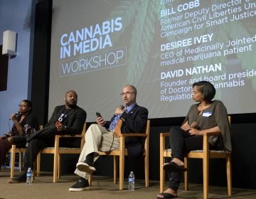 Imani Dawson moderates a panel with William Cobb, David Nathan and Desiree Ivey, at a cannabis in the media workshop at WHYY. (Bastiaan Slabbers for WHYY)