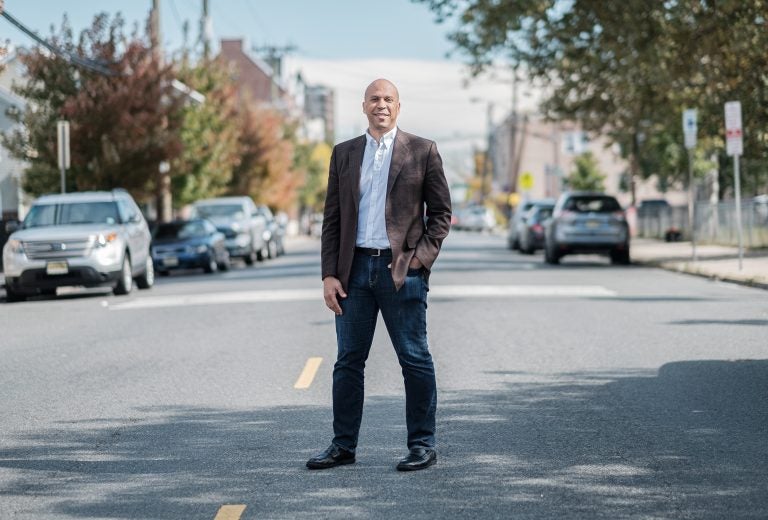 Senator and 2020 presidential candidate Cory Booker is seen outside of Vonda's Kitchen in Newark, N.J. on Oct. 12, 2019, ahead of an NPR-moderated discussion with voters. (A.J. Chavar for NPR)