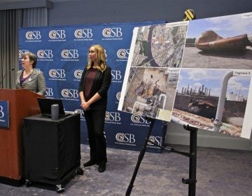 Kristen Kulinowski (left), interim executive of the U.S. Chemical Safety Board, and Supervisory Invetigator Lauren Grim, talk about the causes and results of the June 21 fire and explosion at Philadelphia Energy Solutions refinery. (Emma Lee/WHYY)