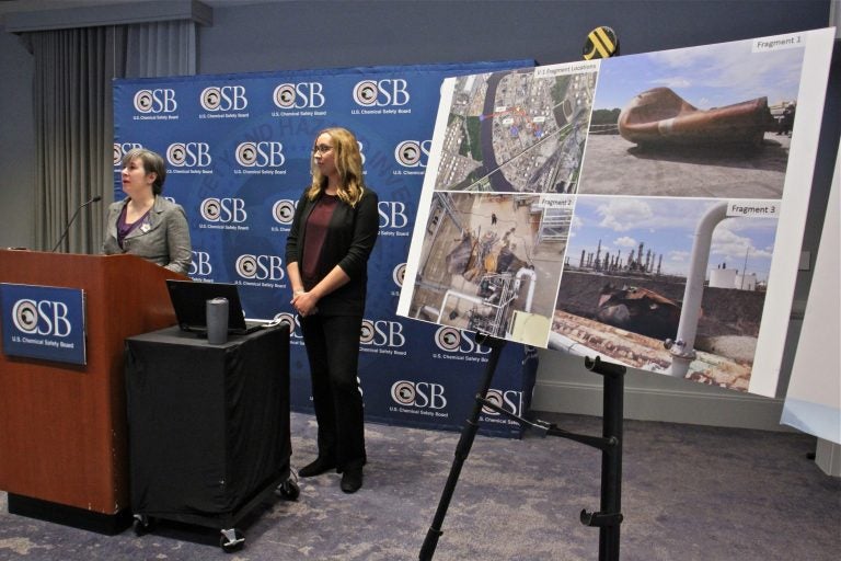Kristen Kulinowski (left), interim executive of the U.S. Chemical Safety Board, and Supervisory Invetigator Lauren Grim, talk about the causes and results of the June 21 fire and explosion at Philadelphia Energy Solutions refinery. (Emma Lee/WHYY)