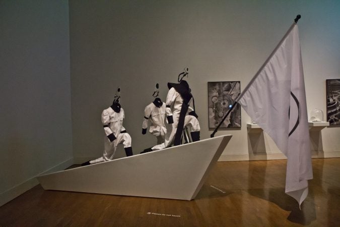 “Alien Nation: Parade 0”, designed by Lisa Hartje Moura, explores the meaning of the words alien and parade. (Kimberly Paynter/WHYY)