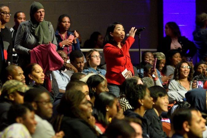 Councilwoman Helen Gym asks a question for panelists during the Players Coalition Town Hall. (Bastiaan Slabbers for WHYY)