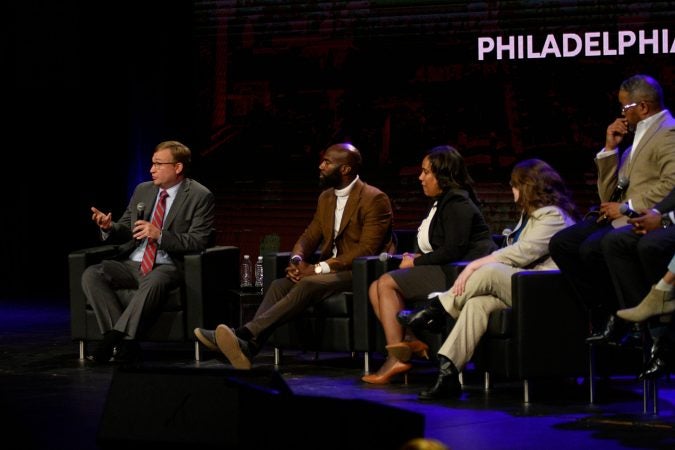Brian Abernathy, Managing Director, City of Philadelphia, speaks at a Town hall on the future of policing in the city of Philadelphia at Community College of Philadelphia, on Monday. (Bastiaan Slabbers for WHYY)