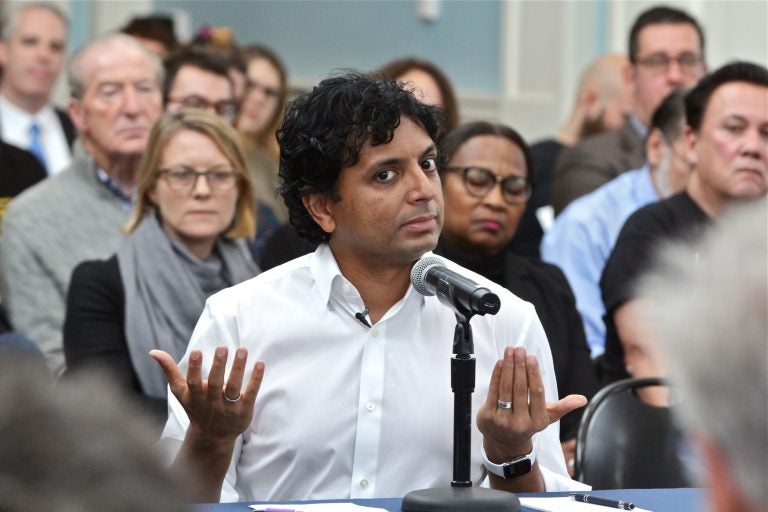 Filmmaker M. Night Shyamalan testifies in support of film tax credits during a hearing before the Pennsylvania House Democratic Policy Committee, held at the Museum of the American Revolution in Philadelphia. (Emma Lee/WHYY)