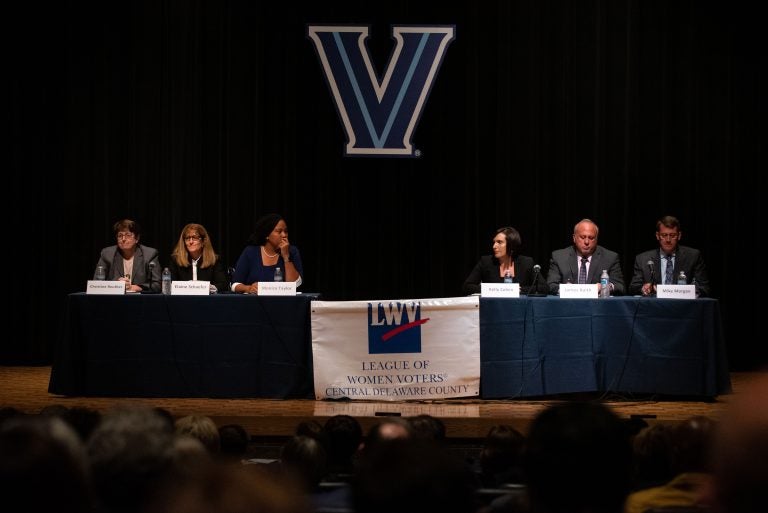 Democrat and Republican candidates for Delaware County Council spar during a debate at Villanova University on Thursday, October 10, 2019. (Kriston Jae Bethel for WHYY)