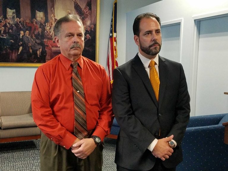 File photo: Frank Nucera Jr., left, with his defense attorney Rocco Cipparone in 2019. (Nicholas Pugliese/WHYY)
