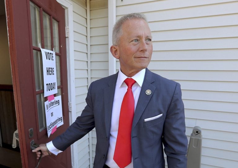 FILE- In this June 5, 2018 file photo, then New Jersey State Senator Jeff Van Drew, D-1st, arrives at the Ocean View Fire Hall in Dennis Township, N.J., to cast his vote in the mid-term primary election. (Dale Gerhard/The Press of Atlantic City via AP, File)