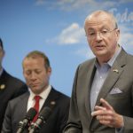 New Jersey Governor Phil Murphy speaks to reporters and others at an elementary school in Bergenfield, N.J., Monday, Oct. 7, 2019. Murphy and other local politicians announced efforts to deal with lead contamination in drinking water, specifically in schools. (Seth Wenig/AP Photo)