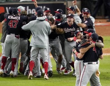 Washington Nationals celebrate after Game 7 of the baseball World Series against the Houston Astros Wednesday, Oct. 30, 2019, in Houston. The Nationals won 6-2 to win the series. (Eric Gay/AP Photo)