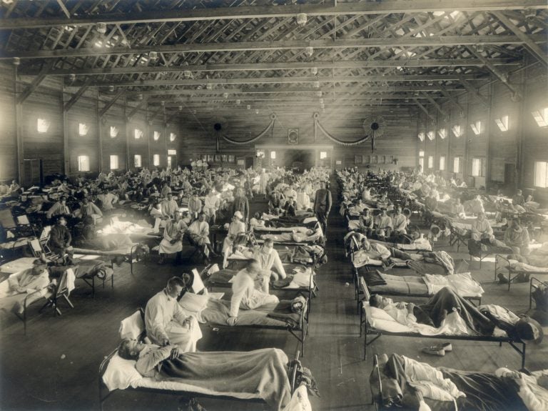 Emergency hospital during influenza epidemic, Camp Funston, Kansas, probably early 1918. (OHA 250: New Contributed Photographs Collection, Otis Historical Archives, National Museum of Health and Medicine)