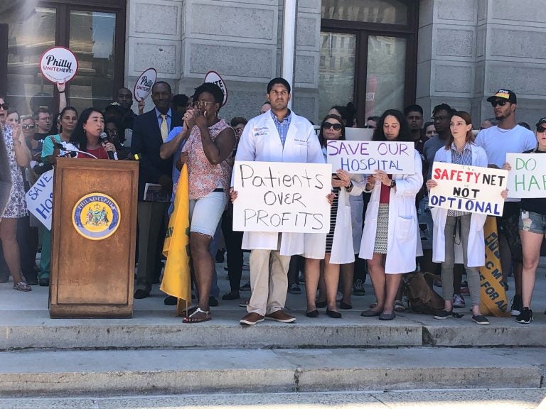 Helen Gym speaks at a protest of the Hahnemann closure on June 27, 2019. (Nina Feldman/WHYY)