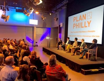 PlanPhilly's Managing Editor, Ariella Cohen, introducing the panel. To her immediate left sits Paul Farber followed by Karyn Olivier, Ori Feibush and Faye Anderson. (Emily Gann/WHYY)