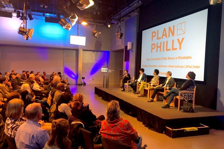 PlanPhilly's Managing Editor, Ariella Cohen, introducing the panel. To her immediate left sits Paul Farber followed by Karyn Olivier, Ori Feibush and Faye Anderson. (Emily Gann/WHYY)