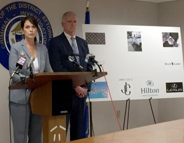Delaware County District Attorney Kat Copeland and Criminal Investigation Division Chief Joseph Ryan announce charges against Gloria Byars and Keith and Carolyn Collins for defrauding seniors out of more than $1 million. (Dana Bate/WHYY)