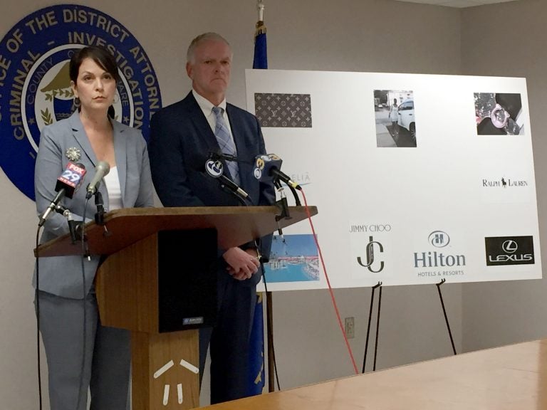 Delaware County District Attorney Kat Copeland and Criminal Investigation Division Chief Joseph Ryan announce charges against Gloria Byars and Keith and Carolyn Collins for defrauding seniors out of more than $1 million. (Dana Bate/WHYY)