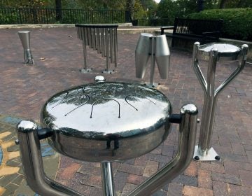 Drums and other instruments installed by the Rotary Club of Wilmington at H. Fletcher Brown Park on the northern edge of downtown Wilmington will allow visitors of all ages to discover their inner musician. (Mark Eichmann/WHYY)