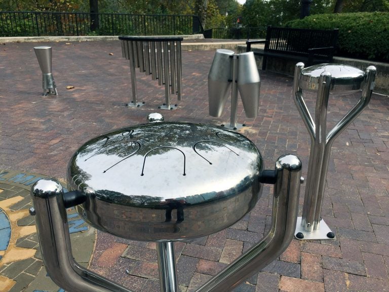 Drums and other instruments installed by the Rotary Club of Wilmington at H. Fletcher Brown Park on the northern edge of downtown Wilmington will allow visitors of all ages to discover their inner musician. (Mark Eichmann/WHYY)