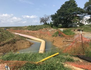 Heavy rains flood a trench where the Atlantic Sunrise pipeline is being installed August 22, 2018 in Lebanon County. (Marie Cusick/StateImpact Pennsylvania)
