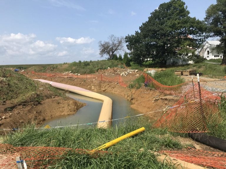 Heavy rains flood a trench where the Atlantic Sunrise pipeline is being installed August 22, 2018 in Lebanon County. (Marie Cusick/StateImpact Pennsylvania)