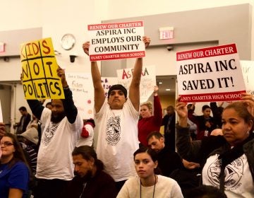 Students and parents show support for ASPIRA Charter Schools at Olney and Stetson at the Philadelphia Board of Education meeting on October 17. (Kimberly Paynter/WHYY)
