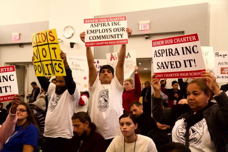 Students and parents show support for ASPIRA Charter Schools at Olney and Stetson at the Philadelphia Board of Education meeting on October 17. (Kimberly Paynter/WHYY)
